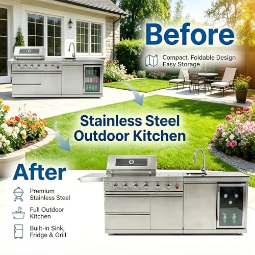 84-Inch Deluxe Stainless Steel Outdoor Kitchen Barbecue Island Grill, 5-Burner 75300 BTU, SS304 Material with Sink, Wine Cooler, Refrigerator, Granite Countertops & Rotisserie Kit, Silver (Silver)
