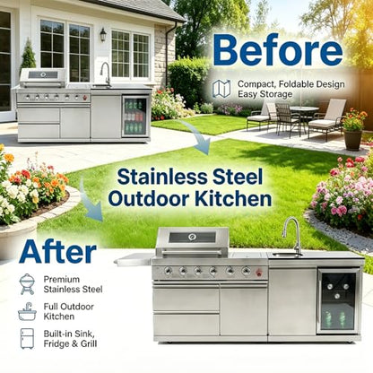 84-Inch Deluxe Stainless Steel Outdoor Kitchen Barbecue Island Grill, 5-Burner 75300 BTU, SS304 Material with Sink, Wine Cooler, Refrigerator, Granite Countertops & Rotisserie Kit, Silver (Silver)