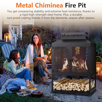 2-in-1 Metal Chiminea Fireplace with Grill,Wood Burning Outdoor Fireplace with Wood Storage, Chimney,Metal Mesh Spark Screen,and Fire Tongs Ideal for Yards,Patios, Gardens,Camping,and Picnics