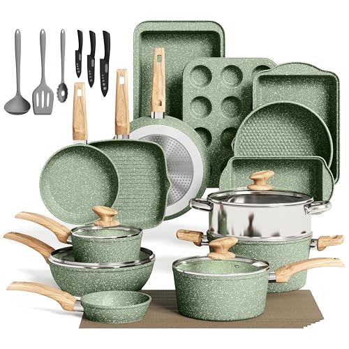 MAISON ARTS 30 Piece Pots and Pans Set Non Stick, Kitchen Cookware & Bakeware Sets with Nonstick Granite Coating, Baking Tray, Frying Pan and Saucepan, Green