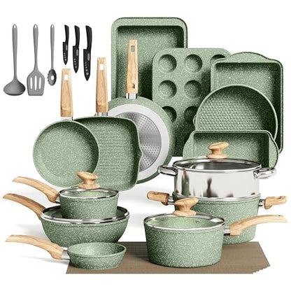 MAISON ARTS 30 Piece Pots and Pans Set Non Stick, Kitchen Cookware & Bakeware Sets with Nonstick Granite Coating, Baking Tray, Frying Pan and Saucepan, Green