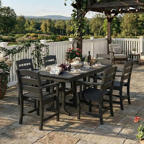 HOPUBUY 7 Pieces Patio Dining Set for 6, 71" HDPE All-Weather Patio Table and Chairs Set with Umbrella Hole, Durable Outdoor Furniture Set for Garden, Backyard, Lawn & Poolside (Black)