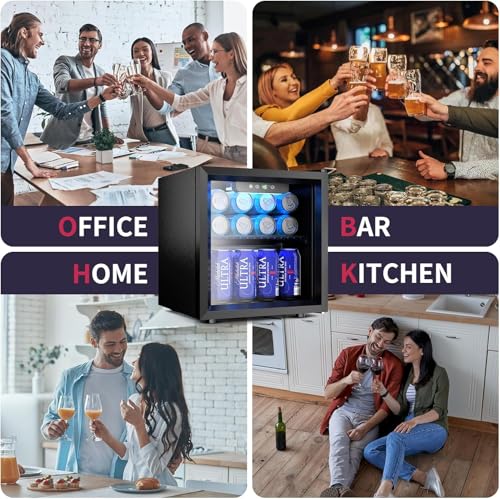Icyglee 48 Can Beverage Refrigerator Cooler, Mini Fridge Glass Door with Adjustable Shelves, Freestanding Beverage Fridge with Blue LED for Home/Office/Dorm/Bar, 1.3 Cu.ft
