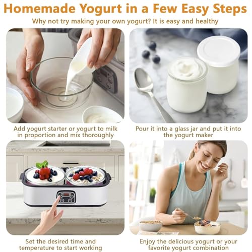 2L Probiotic Yogurt Maker with Two 1L Glass Containers for Larger Batches Yogurt Maker with Adjustable Time & Temp Control Probiotics Stainless Steel Yogurt Making Machine for Homemade Yogurt Dessert