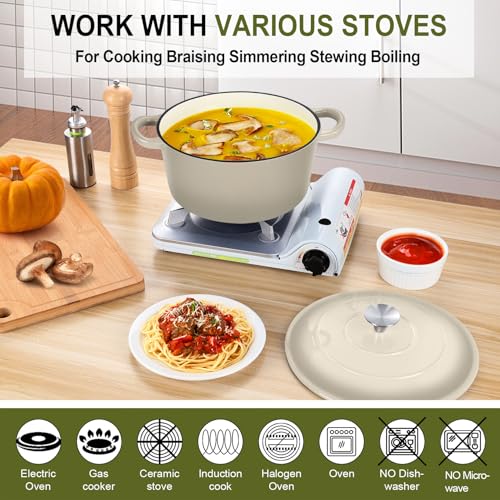 P&P CHEF 6QT Enameled Dutch Oven, Cast Iron Dutch Oven Pot with Lid for Bread Baking, Enameled Casserole Pot for Roasting Braising Stewing Frying Simmering, Various Stoves & Easy Clean, Khaki