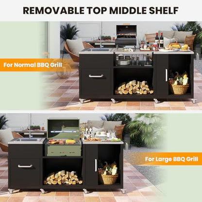 Happygrill 80” Outdoor Grill Table with Sink & Drainage, Heavy Duty Metal Grill Cart w/Cabinet & Removable Stainless Steel Top, Portable Prep Cooking Table w/Wheels for BBQ, Patio, Camping & Backyard