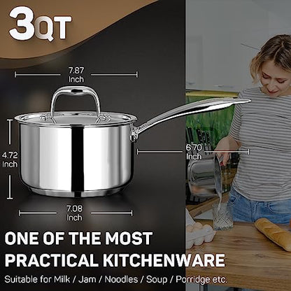 Ciwete 3 Qt Saucepan with Lid - Upgraded Package - 3 Quart 18/10 Stainless Steel Sauce Pan with Mirror Polishing and 2 Sacles, Induction Cookware, Small Pot for Cooking, Dishwasher Safe Oven Safe