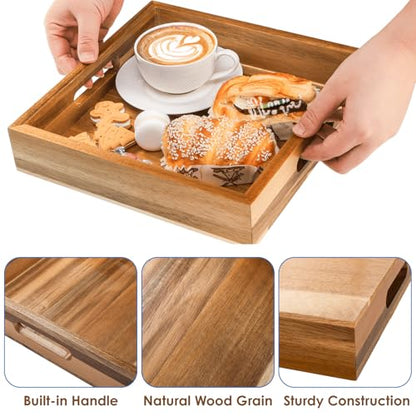 YOUEON Set of 2 Acacia Wood Serving Tray with Handles, 10x10x2 Inch Decorative Serving Trays for Food, Ottoman Tray, Square Coffee Table Trays for Dinner, Coffee, Wine, Appetizer