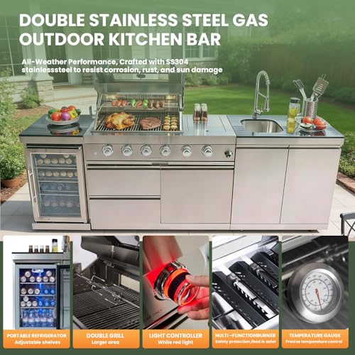 Outdoor Natural Gas Grill Island with Refrigerator, 4 Burner 72,000 BTU BBQ Grill with Side Burner, Infrared Rotisserie, Granite Countertop, Stainless Steel Outdoor Kitchen (Silver+98in)