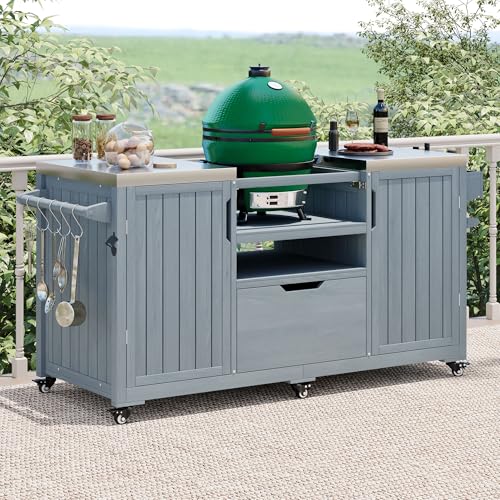 66.5" Outdoor Grill Cart with Storage, Movable Outdoor Kitchen Island with Stainless Steel Top & Wheels, Solid Wood BBQ Tables with Drawer/S-Hook/Bottle Opener for Outside Patio (Grey+Blue)