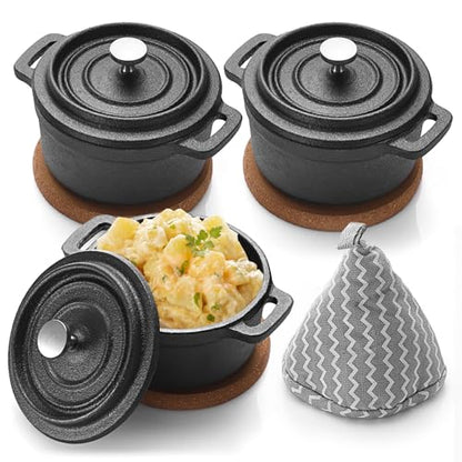 BSTKEY Mini Cocotte Set, 3 Pcs Mini Dutch Oven with Lids and Handles, Cast Iron Garlic Roaster with Cork Pan Mat, Stovetop, Oven Safe (8 oz)