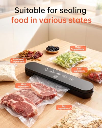 75kPa Vacuum Sealer Machine, Compact Vacuum Sealer for Food, 4-in-1 Food Sealer, Digital Timer, Moist/Dry, Pulse, Seal Modes, with 20 Vacuum Bags, Black