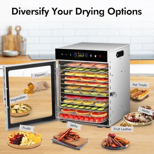 Food Dehydrator Machine 12 Stainless Steel Trays 1000W Meat Dehydrator for Home Use, 24H Timer & 195℉ Temperature Control Food Dryer for Jerky Fruit Herbs Mushroom Dog Treats