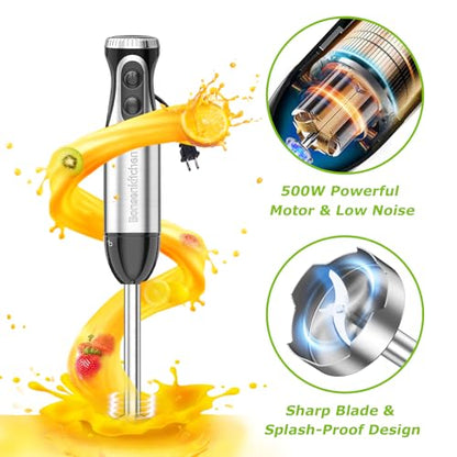 Bonsenkitchen Immersion Blender Handheld with Food Processor, 20 Speeds Hand Blender with Turbo Mode, Stainless Steel Blade, Egg Whisk, Beaker & Chopper Bowl, Hand Mixer for Smoothie, Soup, Baby Food