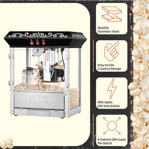 Perfect Popper Popcorn Machine - 10oz Stainless-Steel Kettle, Reject Kernel Tray, Warming Light, and Accessories by Great Northern Popcorn (Black)