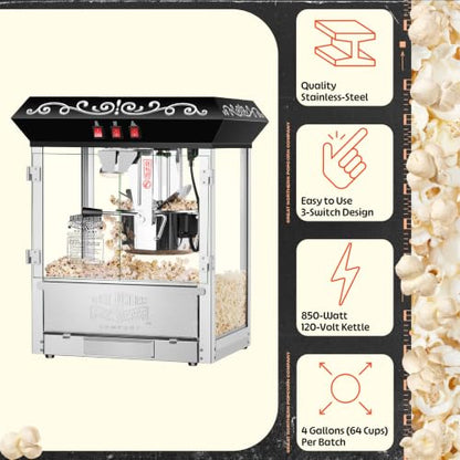 Perfect Popper Popcorn Machine - 10oz Stainless-Steel Kettle, Reject Kernel Tray, Warming Light, and Accessories by Great Northern Popcorn (Black)