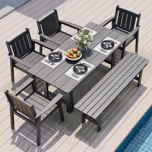 Pamapic 6 PCS Outdoor Dining Set, Spacious HDPE Outdoor Table with 4 Chairs and 1 Bench, Wood Grain Patio Furniture Sets with Elegant Armrest, All-Weather Patio Dining Table with Umbrella Hole, Gray