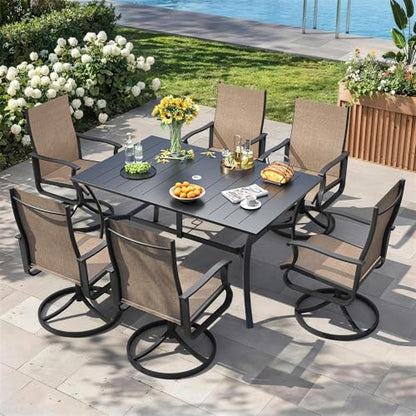 VONZOY 7 Pieces Patio Dining Set, Patio Outdoor Furniture Set of 6 Patio Swivel Dining Chairs and Patio Spliced Rectangular Tabletop with Umbrella Hole, for Deck, Backyard, Poolside & Garden