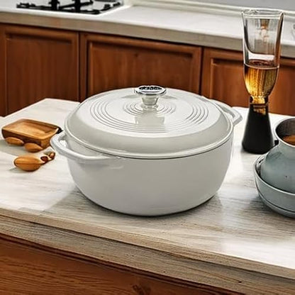Lodge 3 Quart Enameled Cast Iron Dutch Oven with Lid – Dual Handles – Oven Safe up to 500° F or on Stovetop - Use to Marinate, Cook, Bake, Refrigerate and Serve – Oyster White