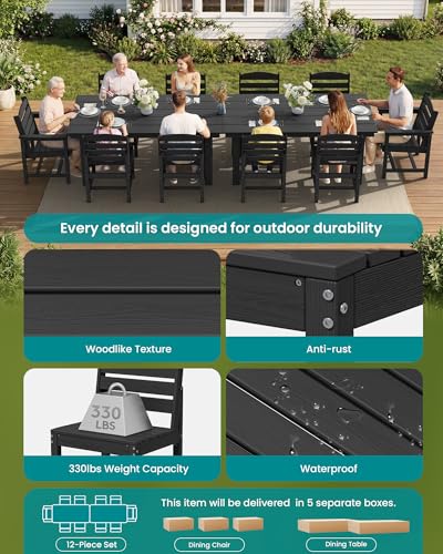 SERWALL HDPE Outdoor Dining Furniture, Outdoor Dining Set for 10, Black