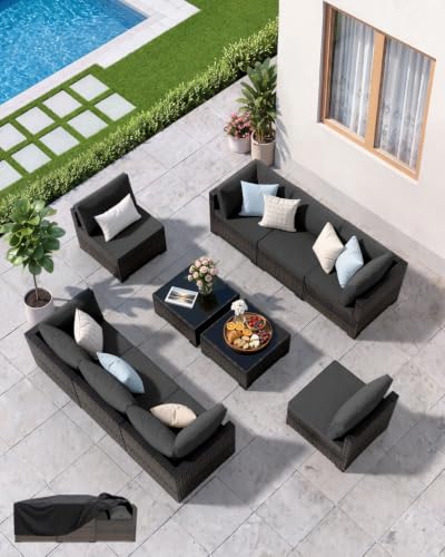 LAWNOOK Patio Furniture Set - All-Weather - 10 Piece Patio Outdoor Conversation Set, Modular Wicker Rattan Sectional Sofa for Backyard, Garden, Poolside, Balcony, Porch, Patio, Brown/Dark Gary