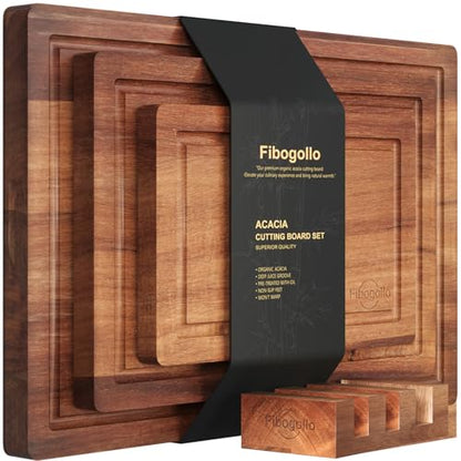 Fibogollo Acacia Wood Cutting Boards for Kitchen(Set of 3),Wooden Chopping Boards Set with Juice Groove,Serving Board with Holder,Butcher Block for Meat,Vegetables,Fruit