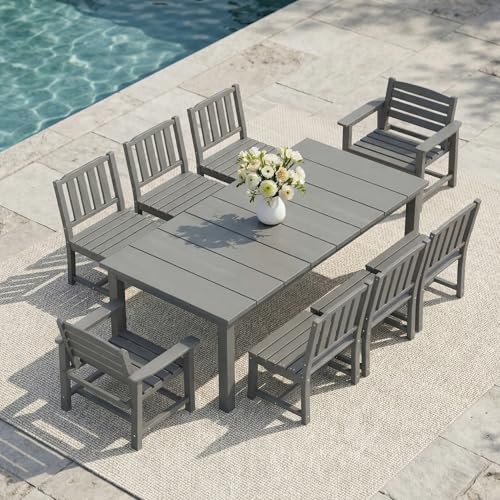 Kingdura 9 Piece Patio Dining Set for 8, All-Weather HDPE Patio Furniture, Ergonomic Chairs and 75.2'' Large Table Set with Built-in Umbrella Hole, UV-Resistant for Backyard, Deck, Poolside