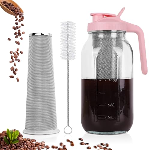 QHH Cold Brew Coffee Maker, 64 oz Mason Jar Pitcher with Stainless Steel Filter, Pour Spout Handle Lid, Heavy Duty Glass Airtight & Leak-Proof for Iced Coffee,Tea & Lemonade