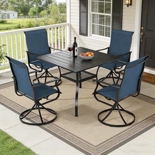 SUNCROWN 5-Piece Outdoor Patio Dining Set, All Weather Square Metal Table & 4 Dark Blue Swivel Textilene Mesh Chairs, Weather Resistant Patio Furniture for Deck Lawn Garden Backyard Poolside