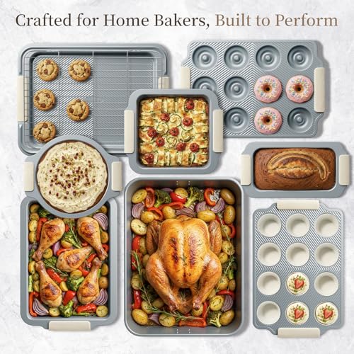Kikcoin 25 PCS Stackable Baking Pans Set, Non-stick Bakeware Sets with Silicone Handles, 450°F Oven Safe Cookie Sheets for Baking, Easy Release Heavy-duty Baking Sheets Non Stick, Cream