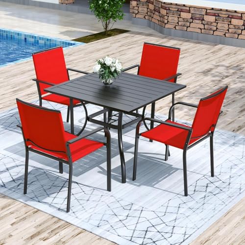 Anmutig 5 Piece Patio Dining Set, Outdoor Stackable Chairs and 35" Square Metal Patio Table with 1.57" Umbrella Hole for Garden Backyard Deck, Red