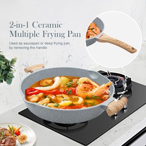AIKENBBKK Ceramic Frying Pan with Lid, 14 Inch Saute Pan, Non Stick Frying Pans, 2-In-1 Large Cooking Pan, Nonstick Skillet, Compatible with All Stoves, PTFE & PFOA Free, Blue