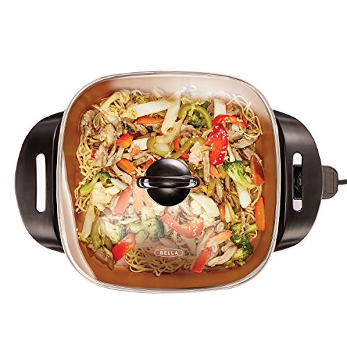 bella Electric Skillet and Frying Pan with Glass Lid, Nonstick Coating, Cool Touch Handles, Removable Heating Probe, Dishwasher Safe, 12 x 12 inch, Copper