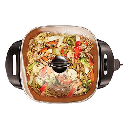 bella Electric Skillet and Frying Pan with Glass Lid, Nonstick Coating, Cool Touch Handles, Removable Heating Probe, Dishwasher Safe, 12 x 12 inch, Copper