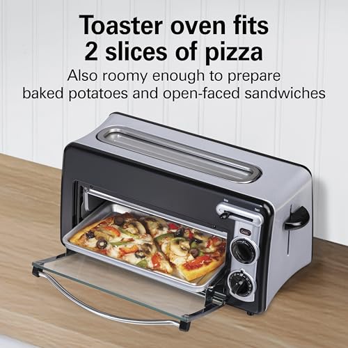 Hamilton Beach Versatile 2-in-1 Countertop Toaster Oven & Long Slot 2 Slice Toaster for Toasting & Baking, Automatic Shut Off, Shade Selector, Temperature Control, Compact Retro Design, Black (22725)