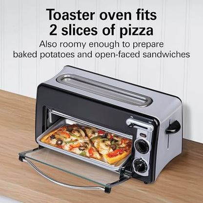 Hamilton Beach Versatile 2-in-1 Countertop Toaster Oven & Long Slot 2 Slice Toaster for Toasting & Baking, Automatic Shut Off, Shade Selector, Temperature Control, Compact Retro Design, Black (22725)
