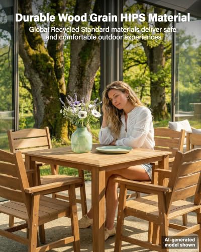 YEFU 5 Piece Square Patio Dining Set, Sturdy Aluminum Frame, HIPS, Teak