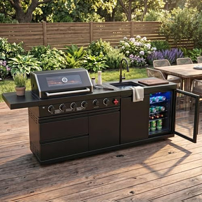 84 Inch Outdoor Kitchen Island, 6 Burner 75300 BTU Stainless Steel Propane Gas Grill Island with Sink and Refrigerator, SS304 Modular BBQ Barbecue Island with Granite Countertop and Rotisserie Kit