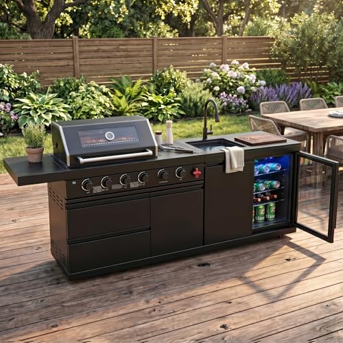 84 Inch Outdoor Kitchen Island, 6 Burner 75300 BTU Stainless Steel Propane Gas Grill Island with Sink and Refrigerator, SS304 Modular BBQ Barbecue Island with Granite Countertop and Rotisserie Kit