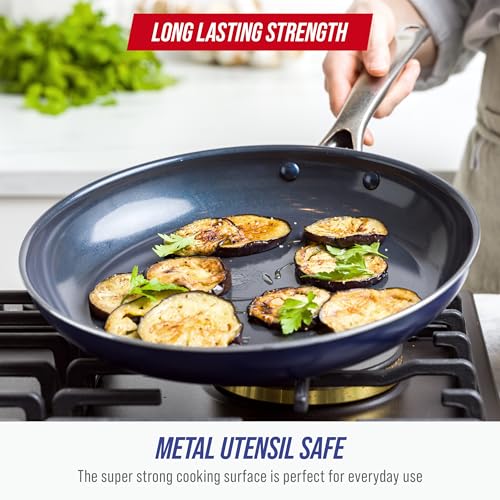 Blue Diamond 12" Nonstick Frying Pan with Lid, Diamond Infused PFAS & PTFE-Free Ceramic Skillet, Dishwasher & Oven Safe, Stay Cool Handle, Durable Non Toxic Metal Utensil Safe, Glass Lid, Blue