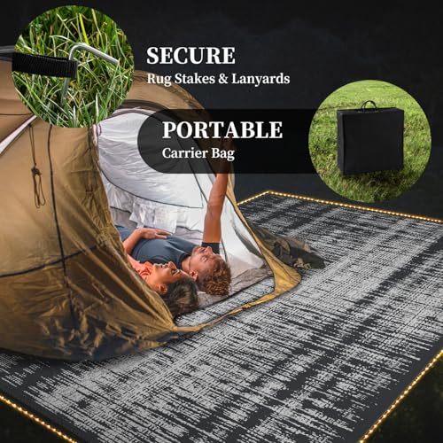MontVoo Outdoor Rug Waterproof 9x12 ft with Strip Lights Outdoor Patio Rug Mat Reversible Plastic Straw Rug Outside Outdoor Rug for RV Camping Picnic Balcony Backyard