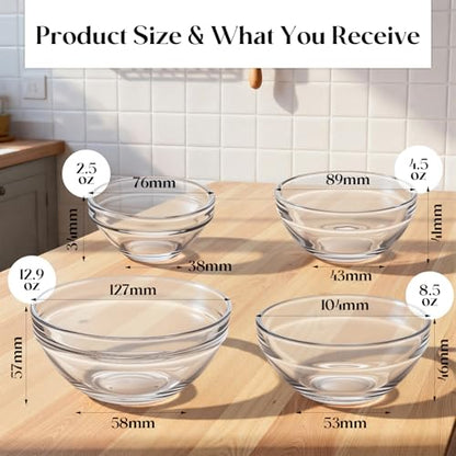 LemonRoad 20 Pcs Glass Prep Bowls Sets 4 Sizes 2.5/4.5/8.5/12.9 oz Cooking Clear Small Prep Pinch Bowls Mini Stackable for Toppings, Kitchen, Salt, Spices, Dipping, Baking & Meal
