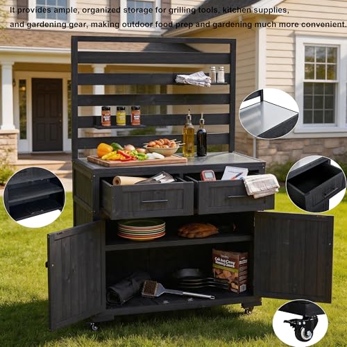Oevsld 64.9" Farmhouse Wood Outdoor Cabinet with Stainless Steel Tabletop, Large Kitchen Island on Wheels with Hutch, Prep Station for Big Green Egg, BBQ Grill Table & Garden Work Bench