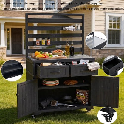 Oevsld 64.9" Farmhouse Wood Outdoor Cabinet with Stainless Steel Tabletop, Large Kitchen Island on Wheels with Hutch, Prep Station for Big Green Egg, BBQ Grill Table & Garden Work Bench