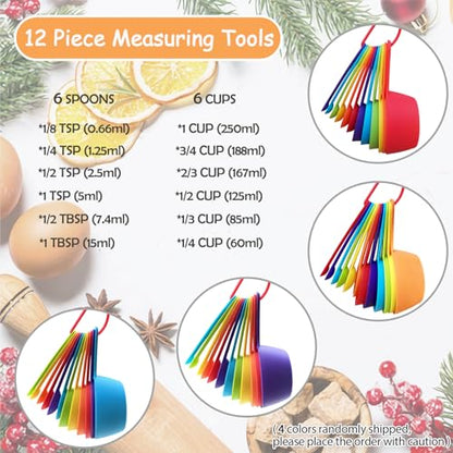 12 Piece Measuring Cups and Spoons Set, Colored Kitchen Measure Tools, Durable Nesting Cups and Spoons for Dry and Liquid, Dishwasher Safe