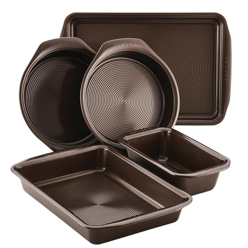 Circulon Nonstick Bakeware Set with Nonstick Cookie Sheet, Bread Pan, Bakings Pan and Cake Pans - 5 Piece, Chocolate Brown