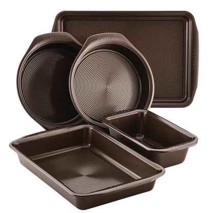 Circulon Nonstick Bakeware Set with Nonstick Cookie Sheet, Bread Pan, Bakings Pan and Cake Pans - 5 Piece, Chocolate Brown