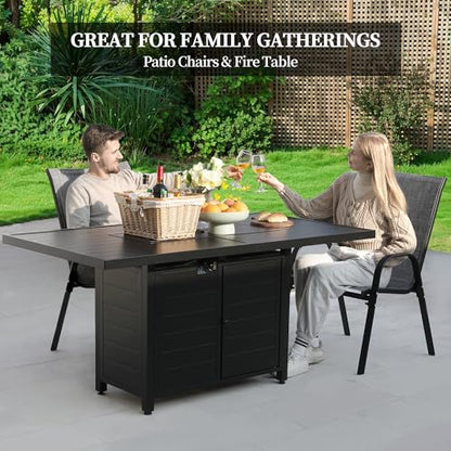 PIZZELLO 7 Pieces Patio Furniture Set w/ 60" Gas Fire Pit Table and 6 Patio Dining Chairs, Outdoor Conversation Set 50,000 BTU Aluminum Propane Fire Pit Stackable Patio Chairs Set of 6 for Backyard