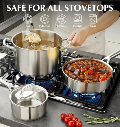 KOCH SYSTEME CS Stainless Steel Cookware Set 17 Piece, Professional 18/10 Stianless Steel Pots and Pans Set, 5-Layer Stainless Base, Oven Safe, Induction Ready, Non-Toxic Kitchen Cookware Set