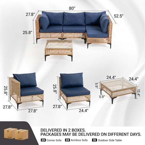 WiNVO 5-Piece Outdoor Wicker Patio Sectional Furniture Set, Dark Blue